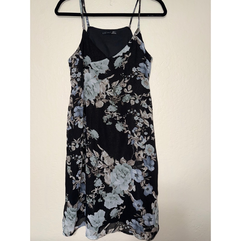 BLACK TAPE Floral Print Cami Dress Black Blue Rose‎ Midi Women's Size S